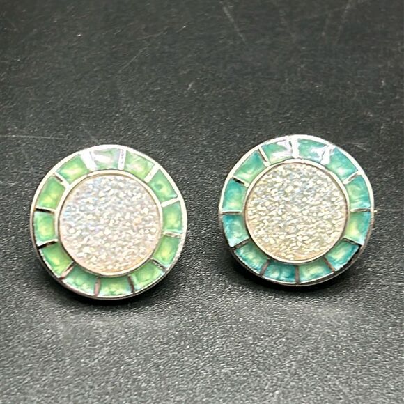 UTC Jewelry - 925 UTC Sterling Silver Druzy Stone Enamel Border Button Earrings